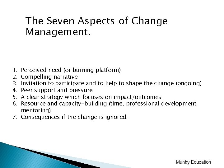 The Seven Aspects of Change Management. 1. 2. 3. 4. 5. 6. Perceived need The Seven Aspects of Change Management. 1. 2. 3. 4. 5. 6. Perceived need