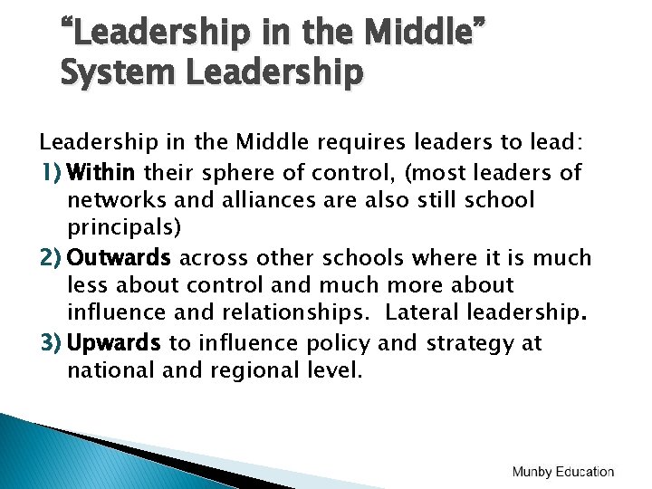 “Leadership in the Middle” System Leadership in the Middle requires leaders to lead: 1) “Leadership in the Middle” System Leadership in the Middle requires leaders to lead: 1)