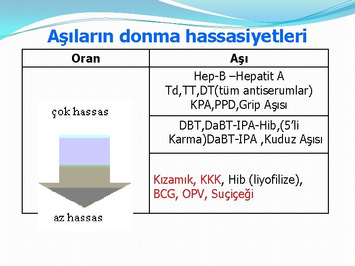 Aşıların donma hassasiyetleri Oran Aşı Hep-B –Hepatit A Td, TT, DT(tüm antiserumlar) KPA, PPD,