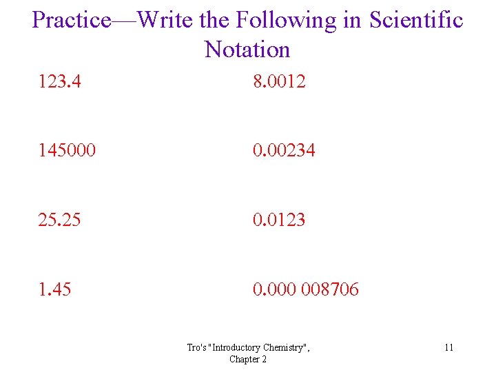 Practice—Write the Following in Scientific Notation 123. 4 8. 0012 145000 0. 00234 25.