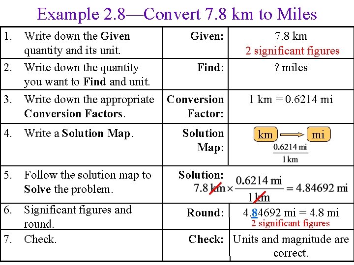 Example 2. 8—Convert 7. 8 km to Miles 1. Write down the Given quantity