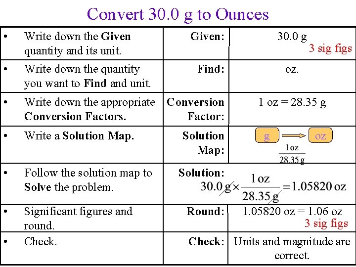 Convert 30. 0 g to Ounces • Write down the Given quantity and its