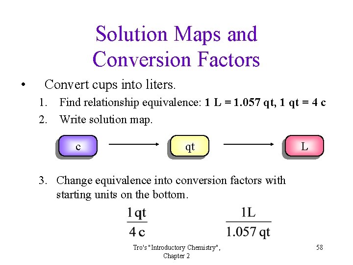 Solution Maps and Conversion Factors • Convert cups into liters. 1. 2. Find relationship