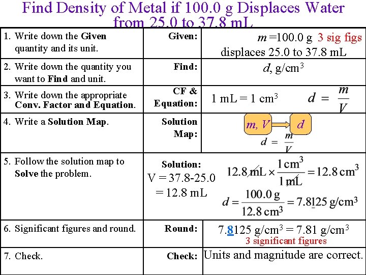 Find Density of Metal if 100. 0 g Displaces Water from 25. 0 to