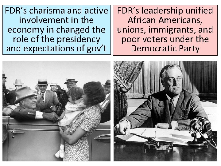 FDR’s charisma and active FDR’s leadership unified African Americans, involvement in the economy in