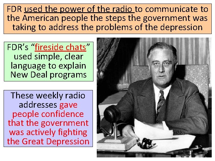 FDR used the power of the radio to communicate to the American people the
