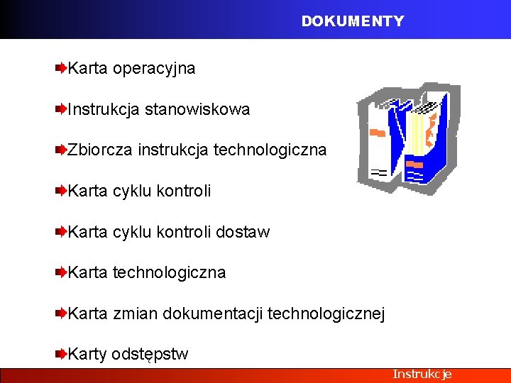 DOKUMENTY Karta operacyjna Instrukcja stanowiskowa Zbiorcza instrukcja technologiczna Karta cyklu kontroli dostaw Karta technologiczna