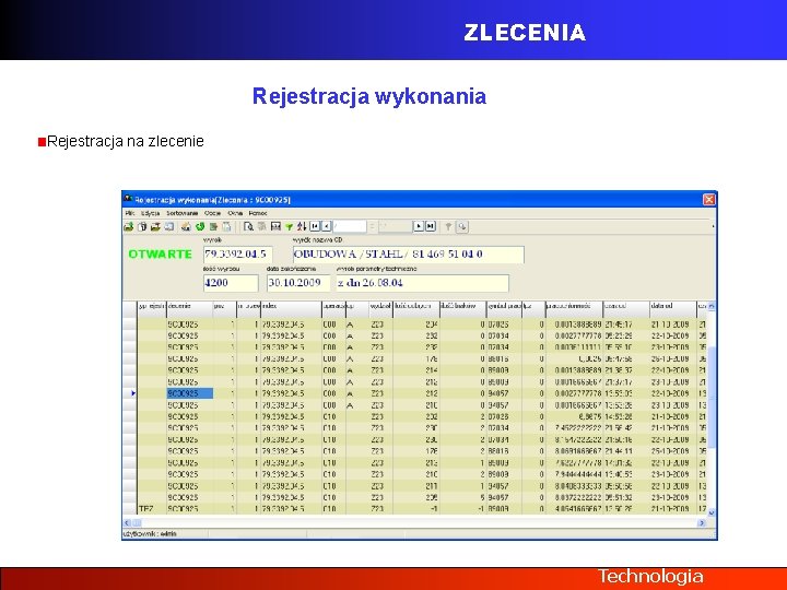 ZLECENIA Rejestracja wykonania Rejestracja na zlecenie Technologia 