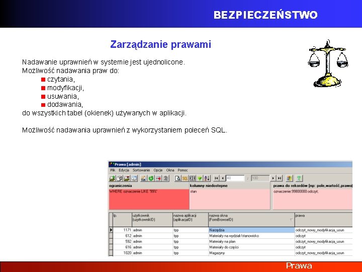 BEZPIECZEŃSTWO Zarządzanie prawami Nadawanie uprawnień w systemie jest ujednolicone. Możliwość nadawania praw do: czytania,