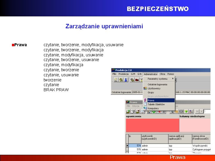 BEZPIECZEŃSTWO Zarządzanie uprawnieniami Prawa czytanie, tworzenie, modyfikacja, usuwanie czytanie, tworzenie, modyfikacja czytanie, modyfikacja, usuwanie