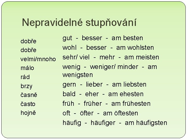 Nepravidelné stupňování dobře velmi/mnoho málo rád brzy časně často hojně gut - besser - Nepravidelné stupňování dobře velmi/mnoho málo rád brzy časně často hojně gut - besser -
