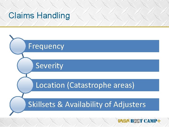 Claims Handling Frequency Severity v Location (Catastrophe areas) Skillsets & Availability of Adjusters 