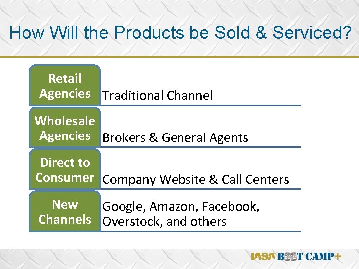 How Will the Products be Sold & Serviced? Retail Agencies Traditional Channel Wholesale Agencies