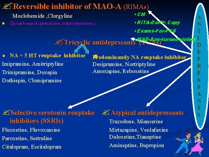 ? Reversible inhibitor of MAO-A (RIMAs) • CM Moclobemide , Clorgyline A • RITA-Don't-