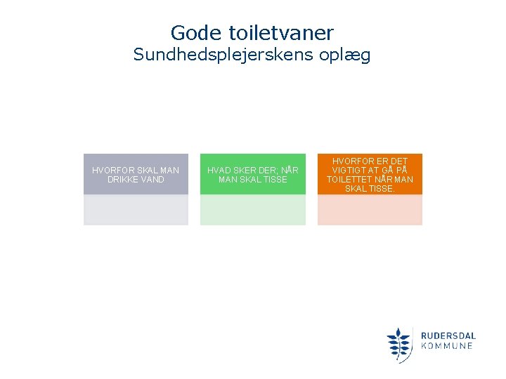 Gode toiletvaner Sundhedsplejerskens oplæg HVORFOR SKAL MAN DRIKKE VAND HVAD SKER DER; NÅR MAN