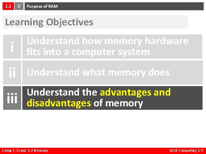 1. 2 C Purpose of RAM Learning Objectives i Understand how memory hardware fits