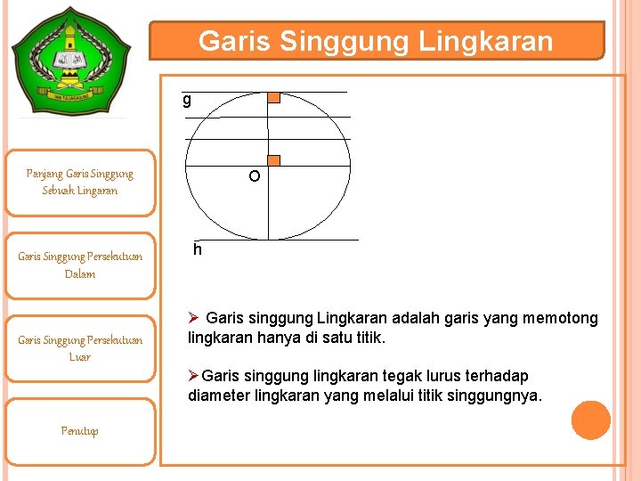 Garis Singgung Lingkaran g O Panjang Garis Singgung Sebuah Lingaran Garis Singgung Persekutuan Dalam