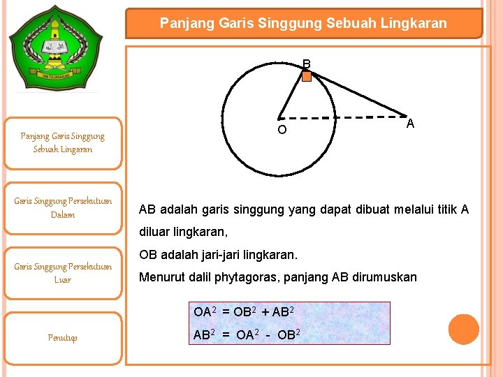 Panjang Garis Singgung Sebuah Lingkaran B O Panjang Garis Singgung Sebuah Lingaran Garis Singgung