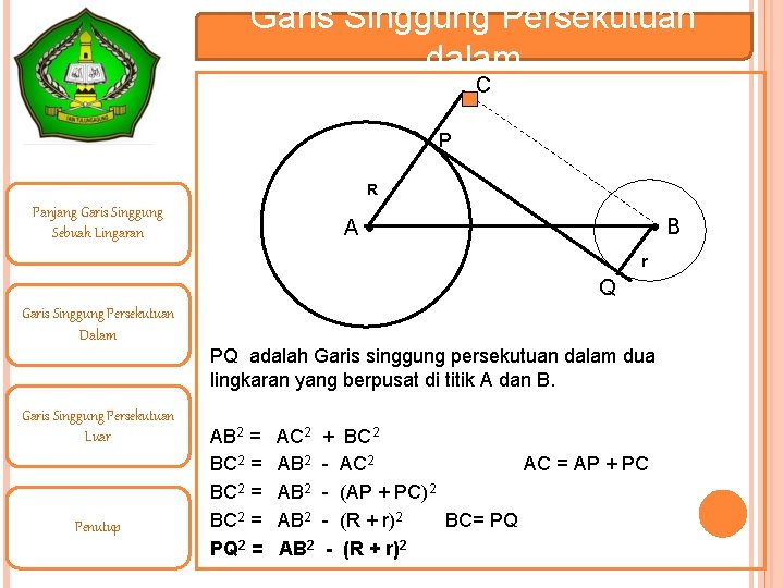 Garis Singgung Persekutuan dalam C P R Panjang Garis Singgung Sebuah Lingaran B A