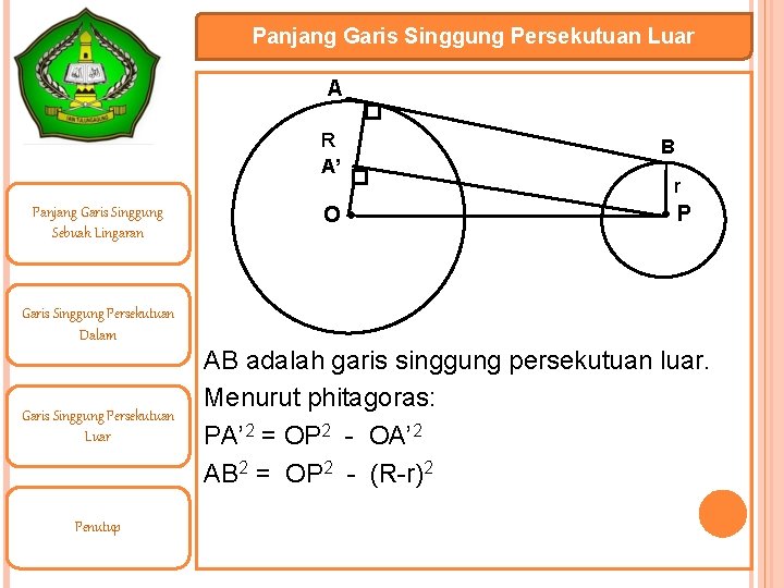 Panjang Garis Singgung Persekutuan Luar A Panjang Garis Singgung Sebuah Lingaran R A’ B