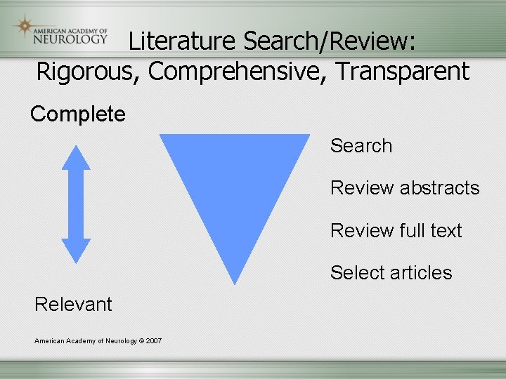 Literature Search/Review: Rigorous, Comprehensive, Transparent Complete Search Review abstracts Review full text Select articles