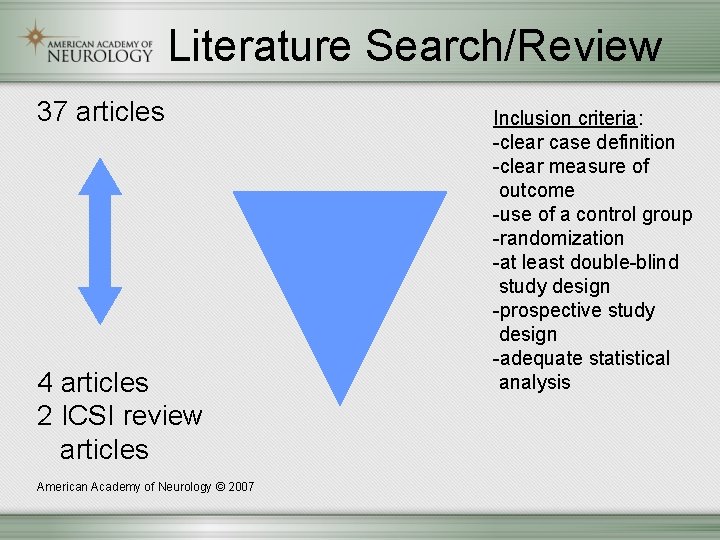 Literature Search/Review 37 articles 4 articles 2 ICSI review articles American Academy of Neurology