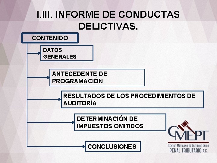 I. III. INFORME DE CONDUCTAS DELICTIVAS. CONTENIDO DATOS GENERALES ANTECEDENTE DE PROGRAMACIÓN RESULTADOS DE