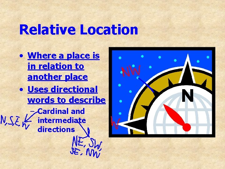 Relative Location • Where a place is in relation to another place • Uses