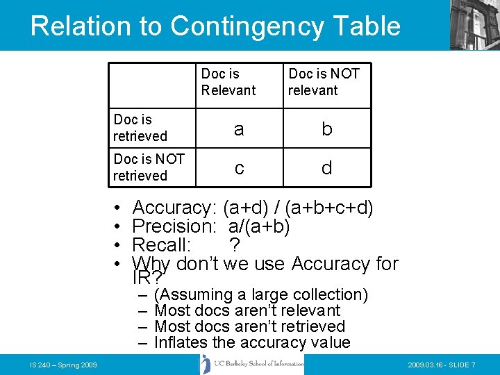 Relation to Contingency Table Doc is Relevant Doc is retrieved a b Doc is