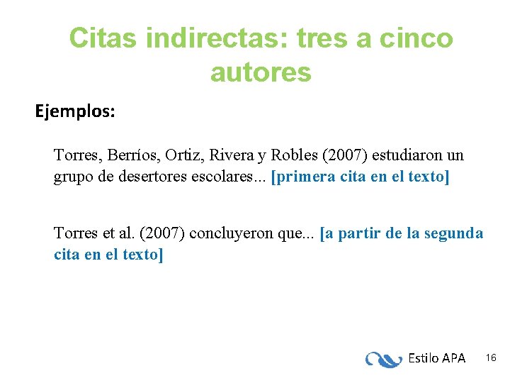 Citas indirectas: tres a cinco autores Ejemplos: Torres, Berríos, Ortiz, Rivera y Robles (2007)