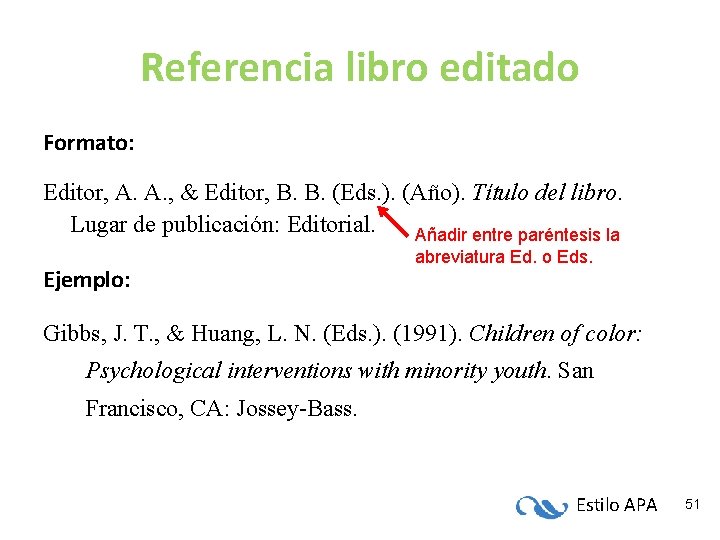 Referencia libro editado Formato: Editor, A. A. , & Editor, B. B. (Eds. ).