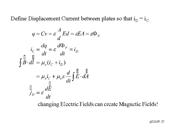 Define Displacement Current between plates so that i. D = i. C p 212 Define Displacement Current between plates so that i. D = i. C p 212