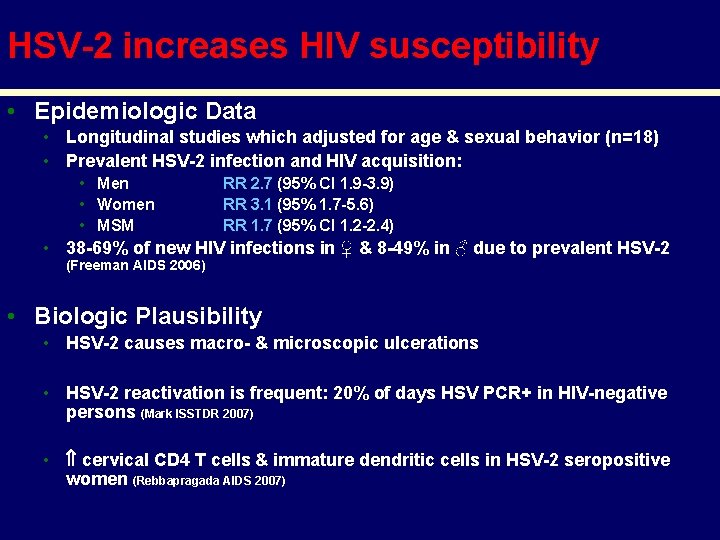 HSV-2 increases HIV susceptibility • Epidemiologic Data • Longitudinal studies which adjusted for age