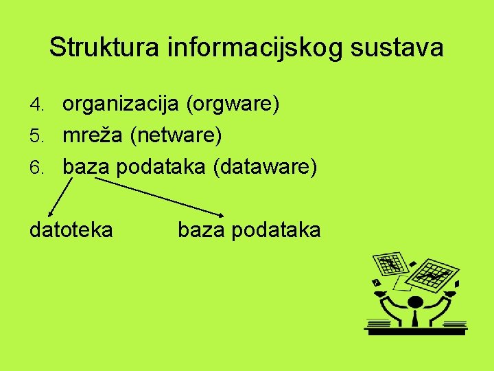 Struktura informacijskog sustava 4. organizacija (orgware) 5. mreža (netware) 6. baza podataka (dataware) datoteka