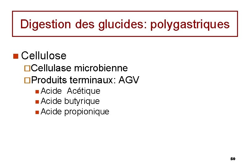 Digestion des glucides: polygastriques n Cellulose ¨Cellulase microbienne ¨Produits terminaux: AGV n Acide Acétique