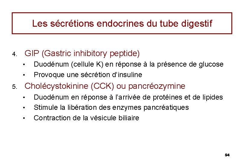 Les sécrétions endocrines du tube digestif 4. GIP (Gastric inhibitory peptide) • • 5.