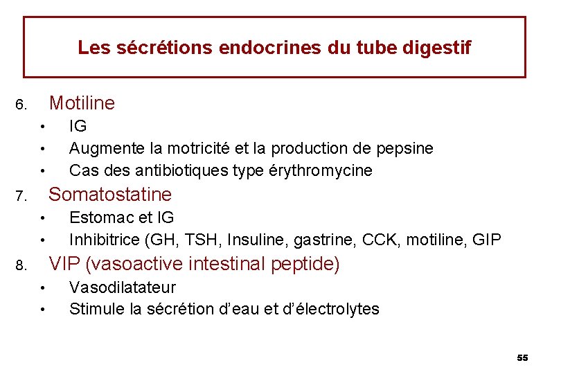 Les sécrétions endocrines du tube digestif Motiline 6. • • • IG Augmente la