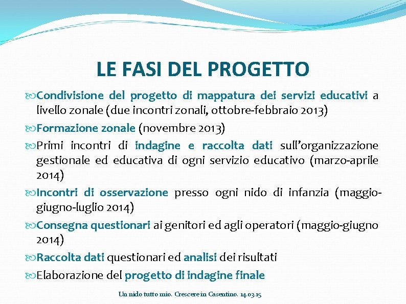 LE FASI DEL PROGETTO Condivisione del progetto di mappatura dei servizi educativi a livello