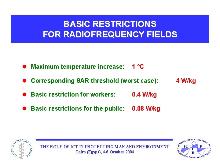 BASIC RESTRICTIONS FOR RADIOFREQUENCY FIELDS l Maximum temperature increase: 1 °C l Corresponding SAR
