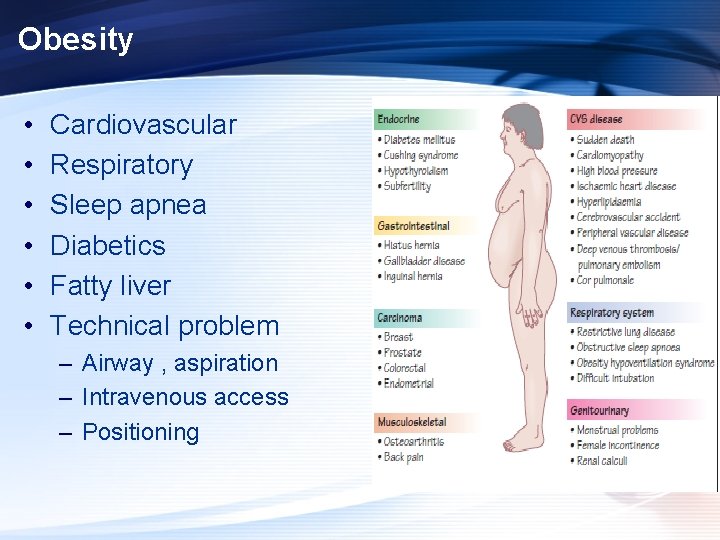 Obesity • • • Cardiovascular Respiratory Sleep apnea Diabetics Fatty liver Technical problem –