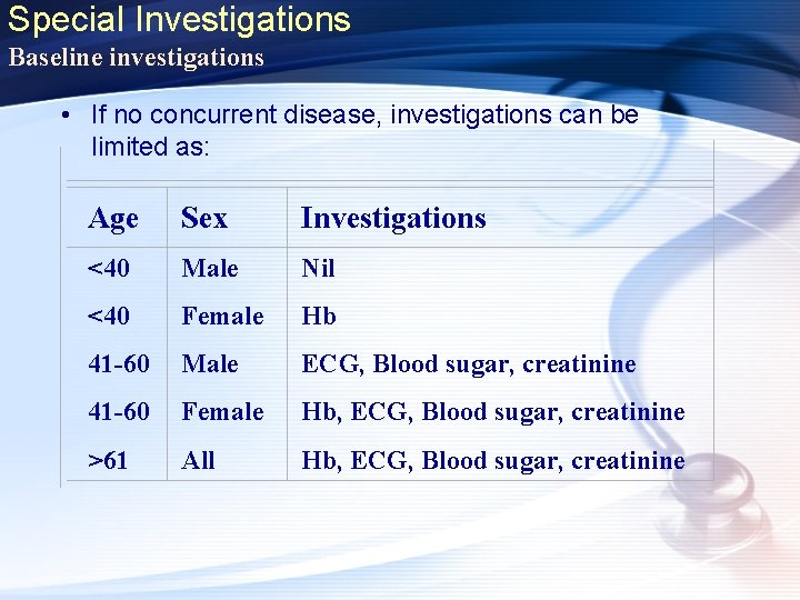 Special Investigations Baseline investigations • If no concurrent disease, investigations can be limited as: