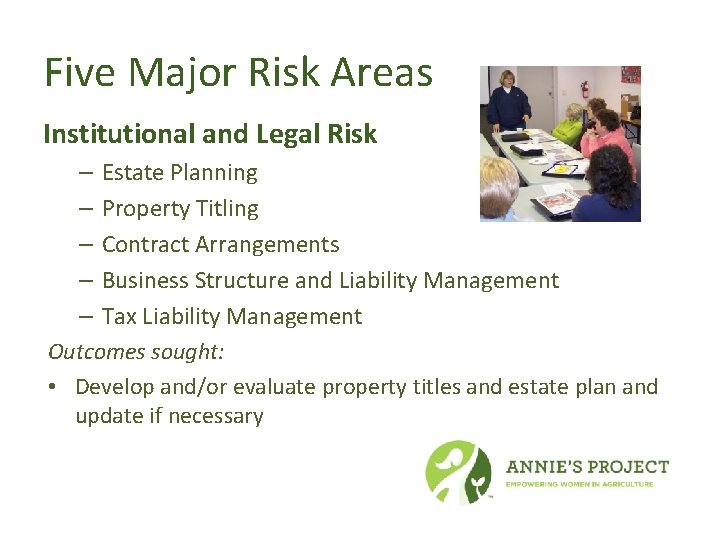Five Major Risk Areas Institutional and Legal Risk Estate Planning Property Titling Contract Arrangements