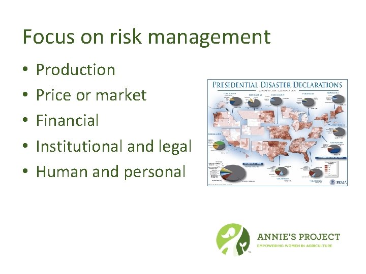 Focus on risk management • • • Production Price or market Financial Institutional and