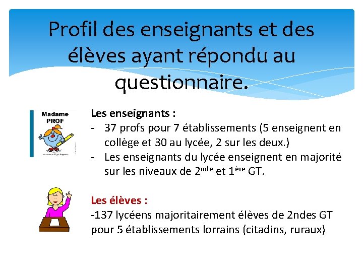 Profil des enseignants et des élèves ayant répondu au questionnaire. Les enseignants : - Profil des enseignants et des élèves ayant répondu au questionnaire. Les enseignants : -