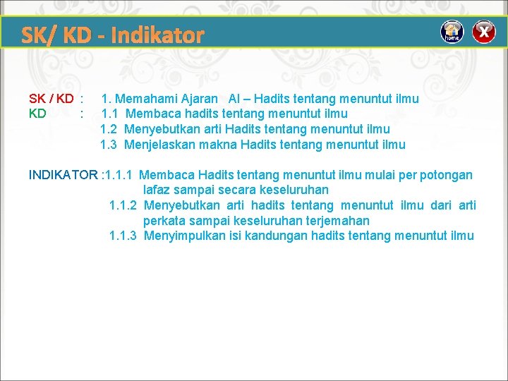 SK/ KD - Indikator SK / KD : 1. Memahami Ajaran Al – Hadits