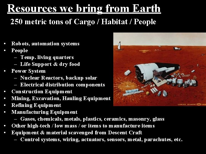 Resources we bring from Earth 250 metric tons of Cargo / Habitat / People