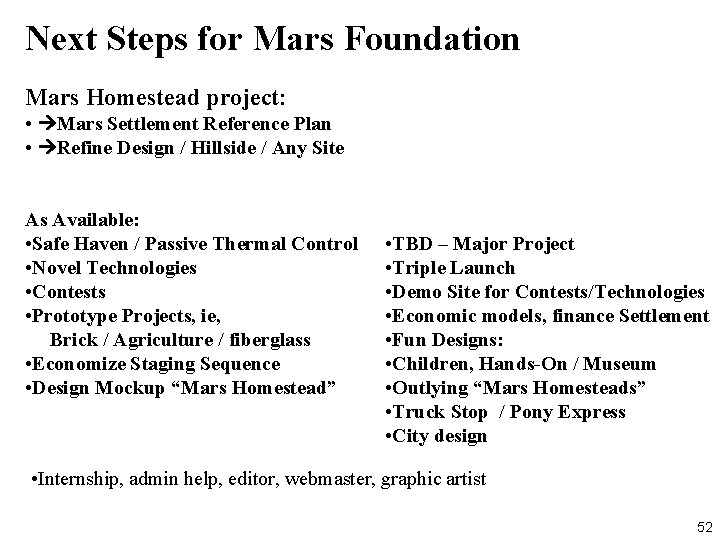 Next Steps for Mars Foundation Mars Homestead project: • Mars Settlement Reference Plan •