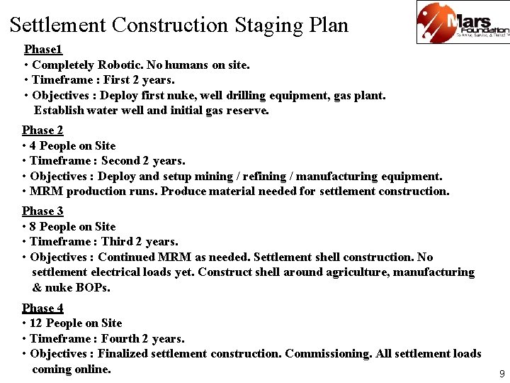 Settlement Construction Staging Plan Phase 1 • Completely Robotic. No humans on site. •
