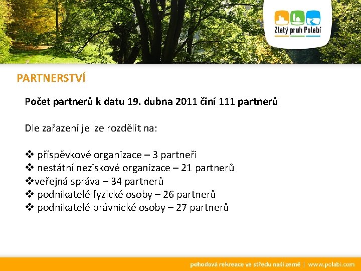 PARTNERSTVÍ Počet partnerů k datu 19. dubna 2011 činí 111 partnerů Dle zařazení je