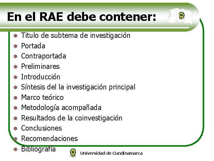 En el RAE debe contener: l l l Titulo de subtema de investigación Portada